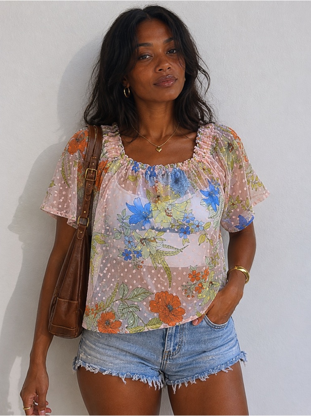 Womens Pink Floral Dot Sheer Peasant Blouse Boho Cottagecore Crop Top - S-M